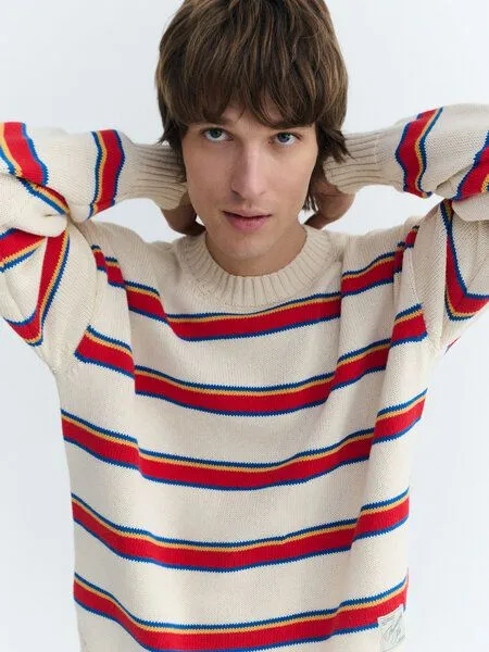 thinking mu thinking mu Herren Pullover - Beto Knitted Sweater, Ecru stripes, – Produktbild 3 von 3