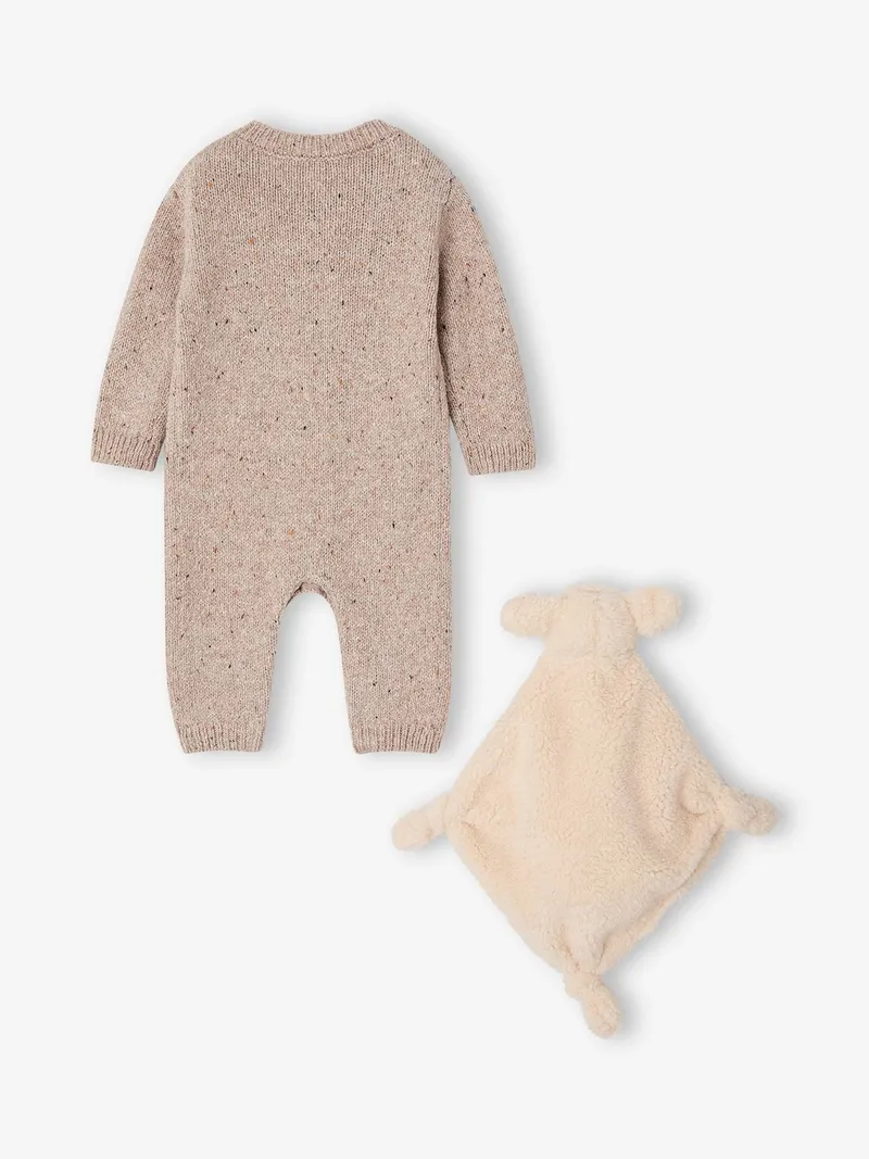 Vertbaudet Baby-Set aus Strickoverall und Schmusetuch Hase, Beige meliert/vanille, – Produktbild 4 von 4
