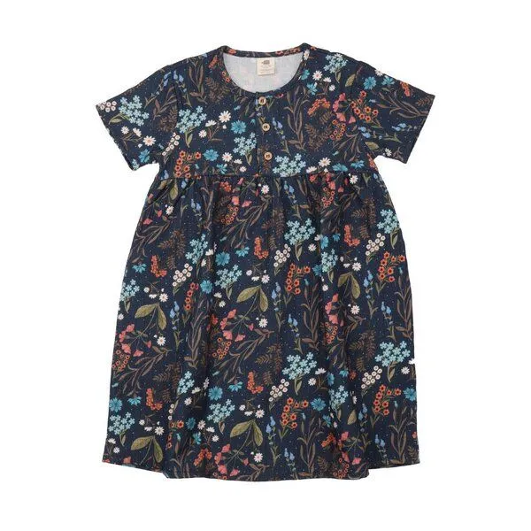 Walkiddy Kinder Kleid GOTS zertifiziert Bio-Baumwolle, Dunkelblau, Blumenmuster, Knopfleiste, Walkiddy, Blau, – Produktbild 1 von 3