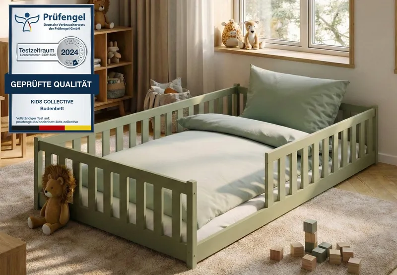 Kids Collective Kinderbett Bodenbett Bett mit Rausfallschutz & Lattenrost Montessori Bett Kinder (Jungen, Mädchen, Kinder, weitere Größen 80x160, 80x180, 90x190, 90x200, 140x200 cm), Jugendbett Gitterbett Einzelbett, Olivgrün Kiefer 120x200 cm, Grün, – Produktbild 2 von 5