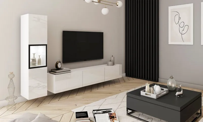 Home affaire Wohnwand BERLIN I, Vitrine Türschlag links/rechts wechselbar, (Komplett-Set, 2-St), moderne grifflose Mediawand Breite 220 cm, Vitrine mit Verglasung, Weiß, – Produktbild 3 von 5