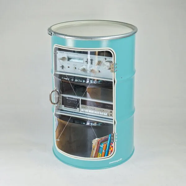 Lockengelöt Lockengelöt HiFi Vitrine aus einem Hamburger Ölfass, Türkis (gepulvert), – Produktbild 3 von 3