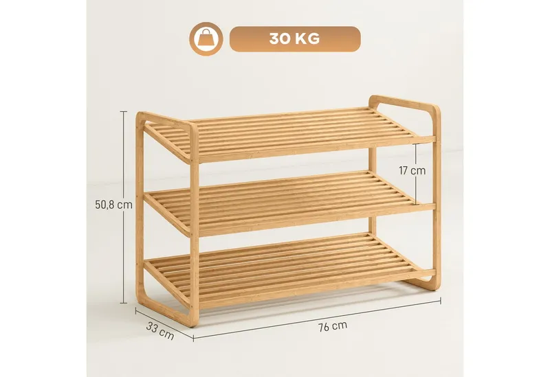 HOMCOM HOMCOM Standregal 3-stöckiges Schuhregal aus Bambus, freistehendes Aufbewahrungsregal für 12 Paar Schuhe 1-tlg., Schuhregalständer für Flur, Wohnzimmer, 76 x 33 x 50,8 cm, Beige, – Produktbild 3 von 5