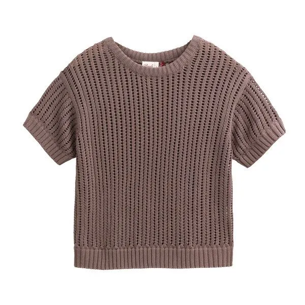 People Wear Organic People Wear Organic Ajour Kurzarm Pullover, braun uni, Bio-Baumwolle, Taupe, – Produktbild 1 von 4