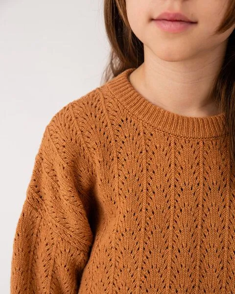 MATONA Matona Gestrickter Pullover mit Lochmuster für Kinder aus recycelter Wolle / Lace Sweater, Ochre, – Produktbild 3 von 4
