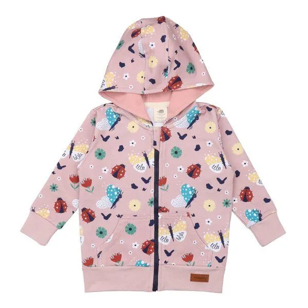 Walkiddy Kinder Kapuzenjacke GOTS zertifiziert, rosa, Marienkäfer & Schmetterlinge Allover, Reißverschluss – Walkiddy, Pink, – Produktbild 1 von 3
