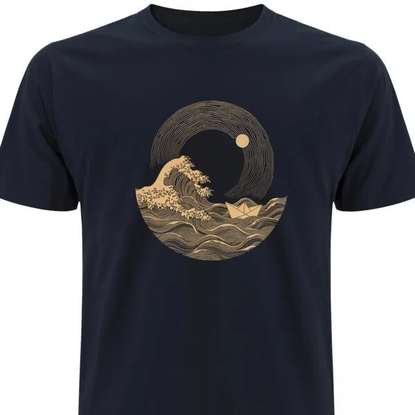 Spreecult Spreecult Die große Welle und das Papierboot - Bio und Fair - Männer Unisex T-Shirt, Navy, – Produktbild 1 von 3
