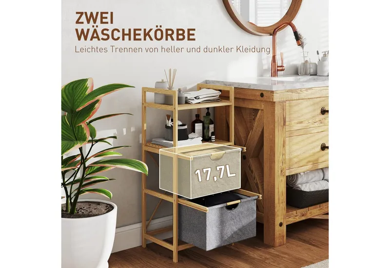 HOMCOM HOMCOM Wäschekorb Wäschekörben offene Ablagen, 2 Stück aus Stoff, mit Griff, 35,4 L (Wäschebox, 1 St., Wäschesammler), für Badezimmer, Bambus, Beige, – Produktbild 4 von 5