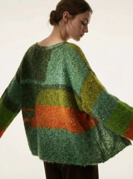 KnitToChange KnitToChange Oversize-Pullover aus weichem Effektgarn in Grün- und Orangetönen – Produktbild 1 von 4