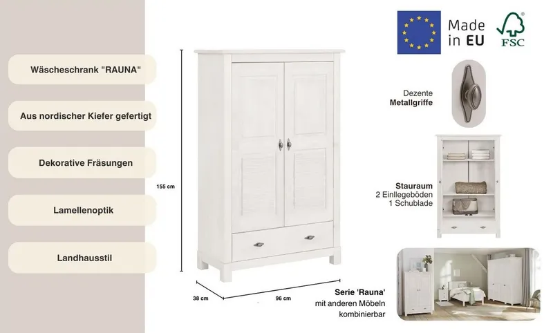 OTTO home Wäscheschrank Rauna (B/H/T ca. 96/155/38 cm) aus massiver Kiefer, FSC®, 2-türig, 96cm breit, Weiß, – Produktbild 1 von 5
