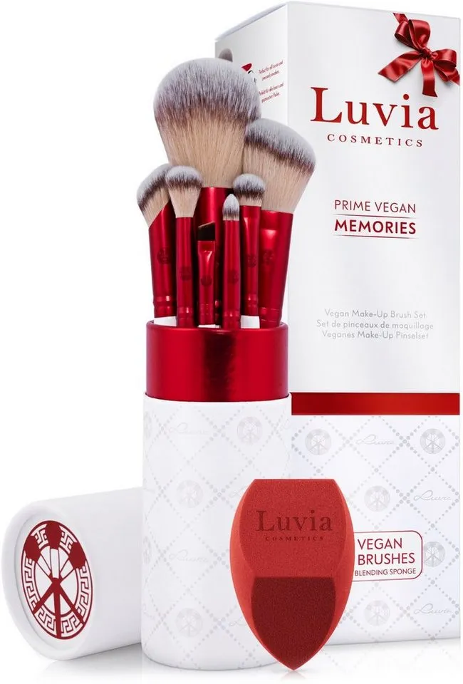 Luvia Cosmetics Kosmetikpinsel-Set PRIME VEGAN MEMORIES, 8 tlg., Mit veganen Pinseln, Make-up-Schwamm und einem Reinigungspad., Rot|weiß, – Produktbild 2 von 5