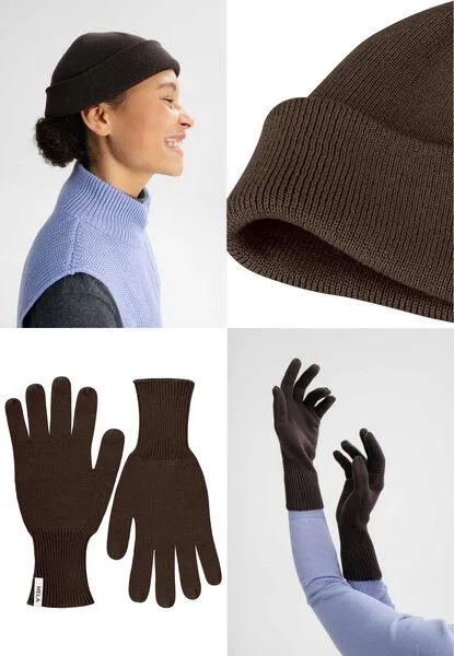 MELA MELA Bundle Feinstrick Mütze kurz LESH + Strick Handschuhe RISHI, Dunkelbraun, – Produktbild 1 von 4