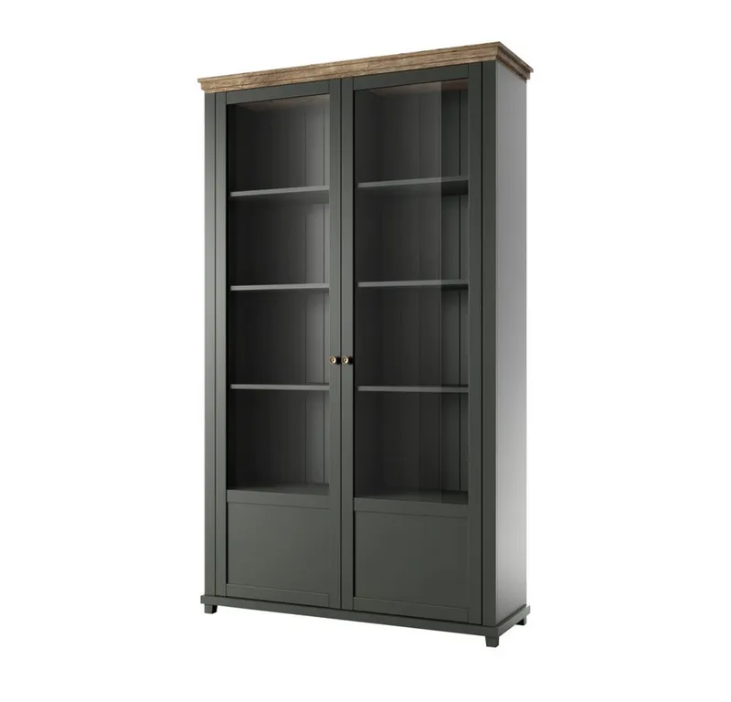 Lomadox Vitrine EPSOM-83 grün Landhaus mit Lefkas Eiche Nb. Knopfgriffe Messing 126/200/42 cm, Grün, – Produktbild 1 von 4