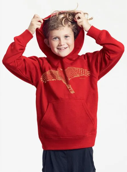 Peaces.bio - handbedruckte Biomode Peaces.bio - handbedruckte Biomode Bio-Kinder-Kapuzen-Sweatshirt "Sperber", Rot, – Produktbild 2 von 2