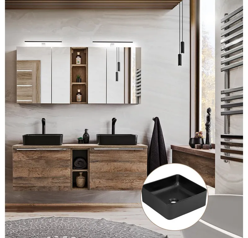 Lomadox Badmöbel-Set PUEBLA-56, (Spar-Set, 2-St), Eiche Doppelwaschtisch Waschbecken LED-Spiegelschränke 140,4/200/46 cm, Braun, – Produktbild 1 von 4