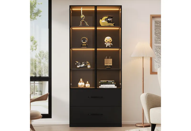 Merax Glasvitrine mit LED-Beleuchtung (60x40x160cm, 1-St., für Wohnzimmer Schlafzimmer) Vitrine mit 2 Schubladen, Hochschrank Stehend Vitrinenschrank, Schwarz, – Produktbild 1 von 4