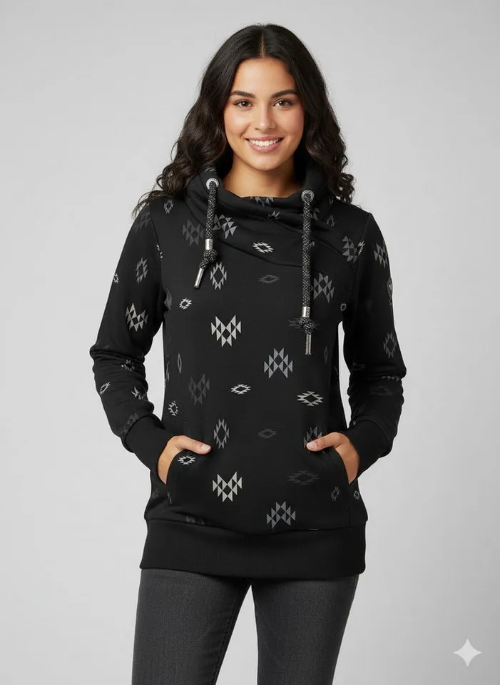 ragwear ragwear Sweatshirt NESKA AZTEK O mit hohem Schalkragen, aus Baumwolle und Polyester, lockere Passform, Schwarz, – Produktbild 1 von 3