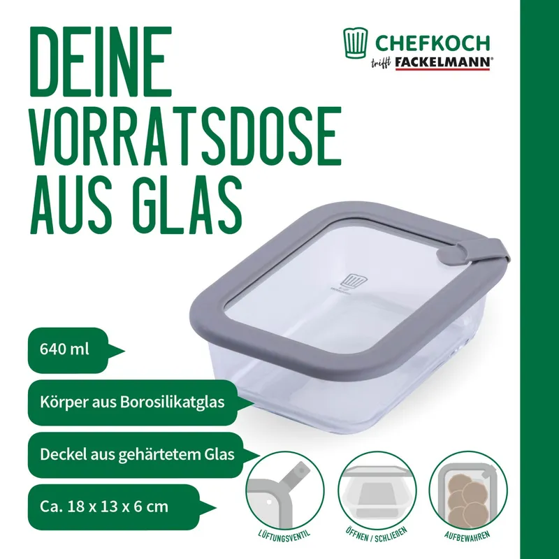 Chefkoch trifft Fackelmann Chefkoch trifft Fackelmann Vorratsdose Glas, eckig, 640ml – Produktbild 3 von 3