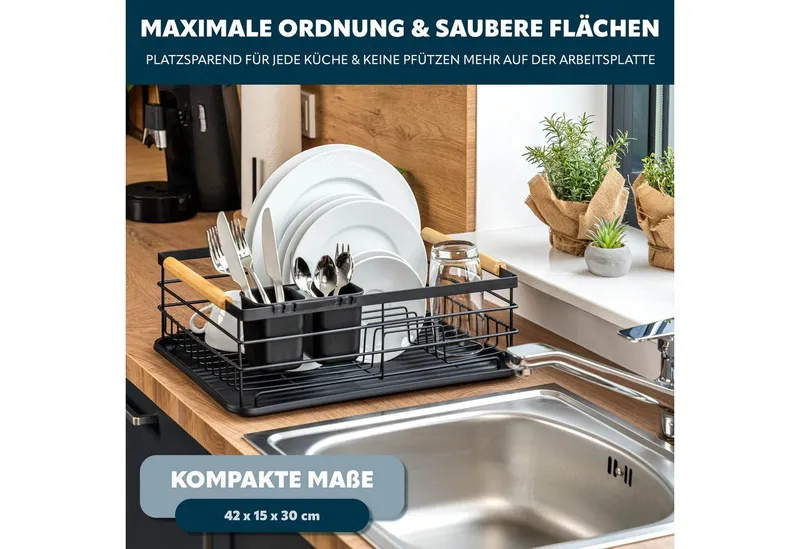 eluno Geschirrständer Metall-Abtropfgestell mit Abtropfschale für Geschirr mit Besteckhalter, Schwarz, – Produktbild 2 von 5