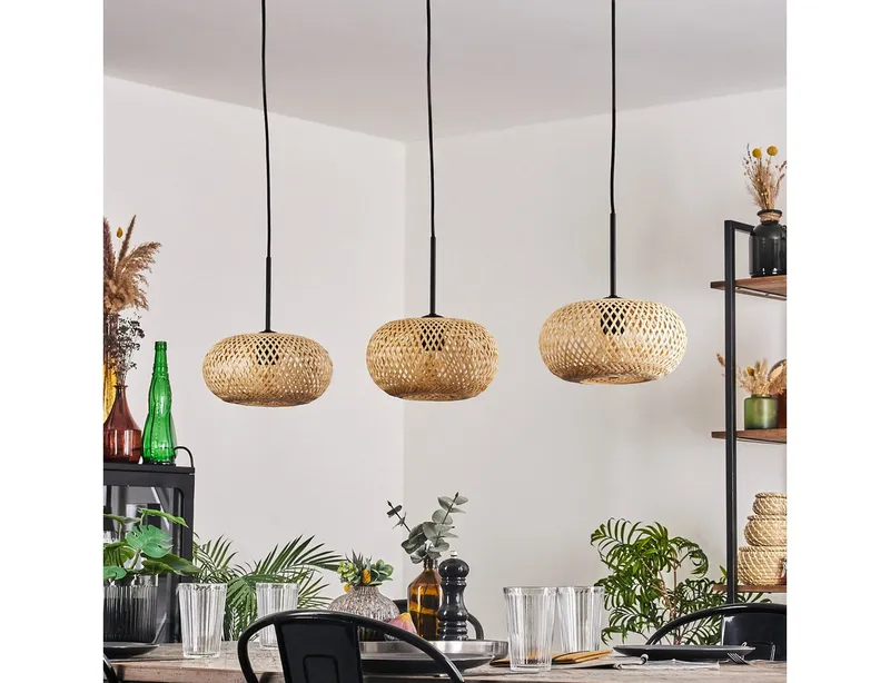 hofstein Hängeleuchte moderne Pendellampe aus Metall/Bambus in Schwarz/Natur, ohne Leuchtmittel, Gitterschirm Leuchte (25cm), Lichteffekt, 3 x E27, ohne Leuchtmittel, Beige|schwarz, – Produktbild 2 von 5