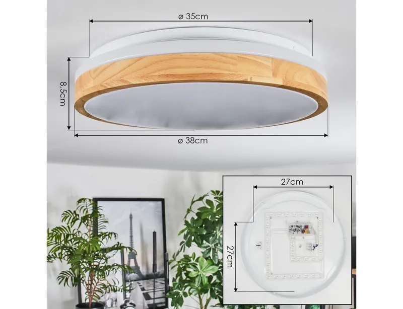hofstein Deckenleuchte dimmbare Deckenlampe aus Metall/Bambus/Kunststoff in Weiß/Natur, LED wechselbar, 3000 - 6000 Kelvin, LED Leuchte(38cm), 2500 Lumen, 3000 -6000 Kelvin, inkl. Fernbedienung, Beige|weiß, – Produktbild 4 von 5