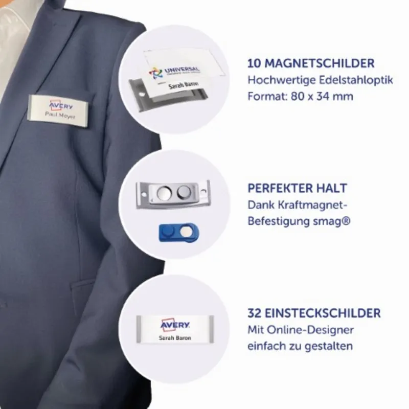 Avery Zweckform Avery Zweckform 10 Namensschilder 'Polar35' mit Magnet, silber, 80 x 34 mm – Produktbild 1 von 3