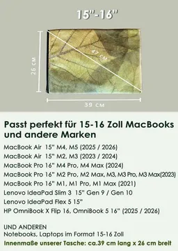 BY COPALA BY COPALA Nachhaltige 15–16 Zoll Laptoptasche aus Teak-Blattleder | Gefütterte vegane Laptop Hülle / Laptop Sleeve, handgemacht & wasserabweisend – Unikat Schutzhülle für MacBook Pro/Air, Lenovo & HP in grün – Produktbild 1 von 1