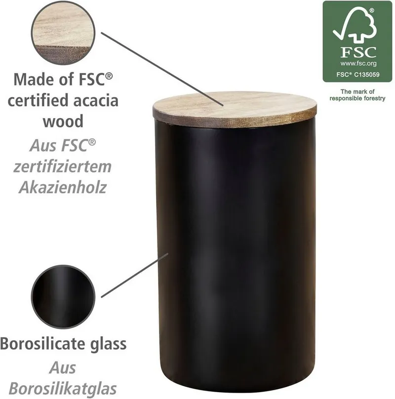 Wenko Wenko Vorratsdose Modell Mio, Borosilikatglas, (1-tlg), Frischhaltedose für Lebensmittel, luftdichter Deckel aus Akazienholz, Braun|schwarz, – Produktbild 3 von 8