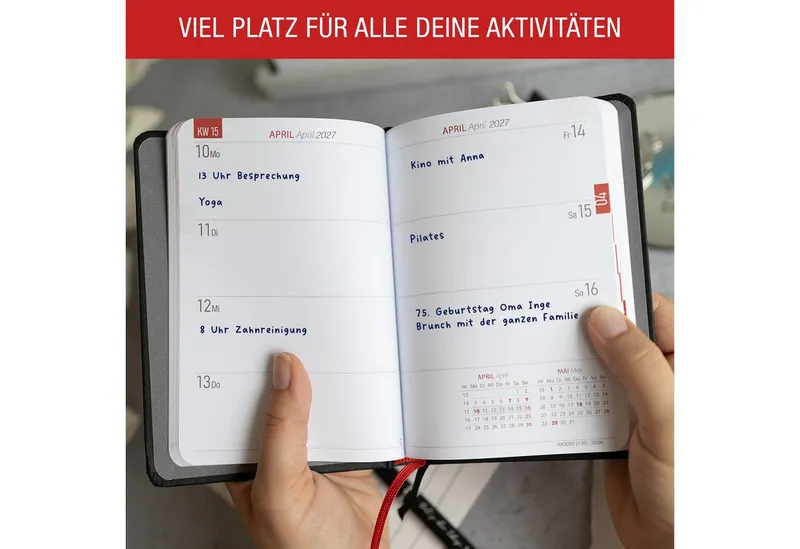 TOBJA Taschenkalender Taschenkalender 2027 A6 Schwarz Hardcover 1 Woche 2 Seiten FSC, Blindprägung, 2 Lesebändchen, Gummiband, FSC, A6, Schwarz, – Produktbild 3 von 5