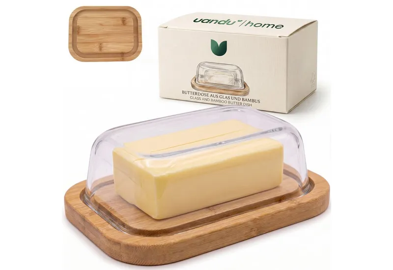 uandu home Butterdose Glas & Bambus – Borosilikat Glasdeckel, (mit FSC-zertifiziertem Bambusboden – Luftdichte Butterglocke für 250g Butter – Butterschale, Geschenkidee, Butter Box Dose, Butterbox), Beige, – Produktbild 1 von 5