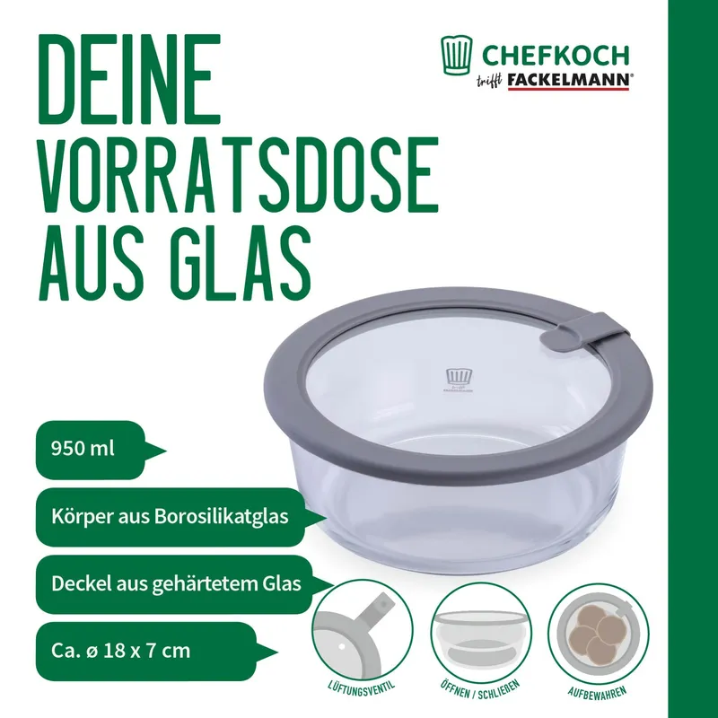 Chefkoch trifft Fackelmann Chefkoch trifft Fackelmann Vorratsdose Glas, rund, 950ml – Produktbild 3 von 3