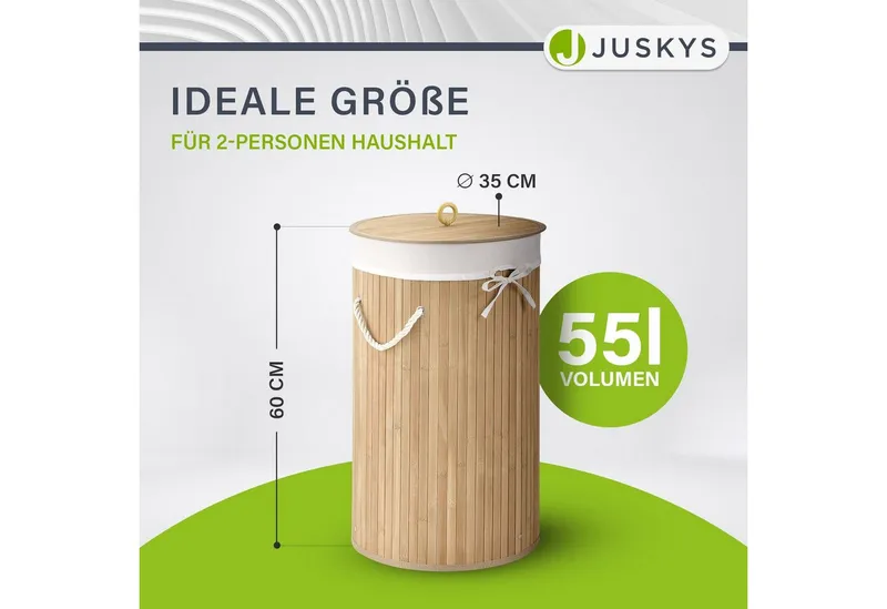 Juskys Wäschekorb Curly-Round 55 L in Natur aus Bambus mit Deckel & Wäschesack, Wäschesammler für 2 Personen, schmal mit Ø 35 x 60 cm & Kordelgriffen, Beige, – Produktbild 2 von 5