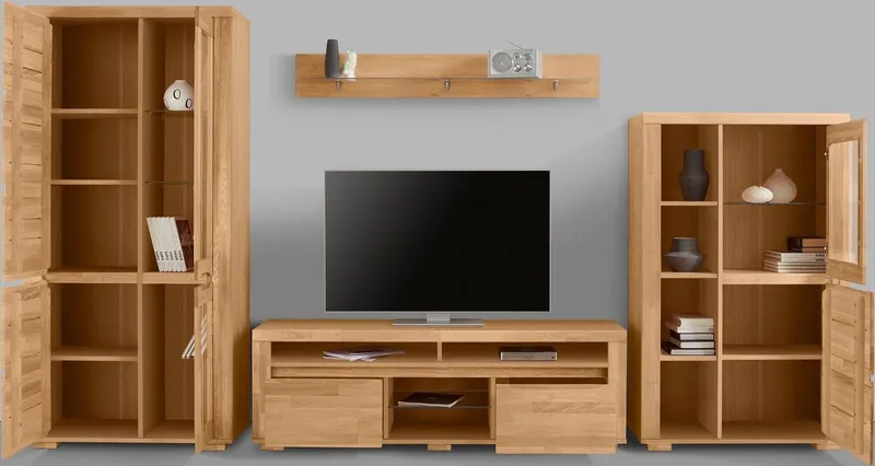 OTTO home Wohnwand Denis, (Set, 4-St), Breite: 340cm, 1Vitrine, 1Stauraumvitrine, 1 Lowboard und 1 Wandregal, Braun, – Produktbild 5 von 8