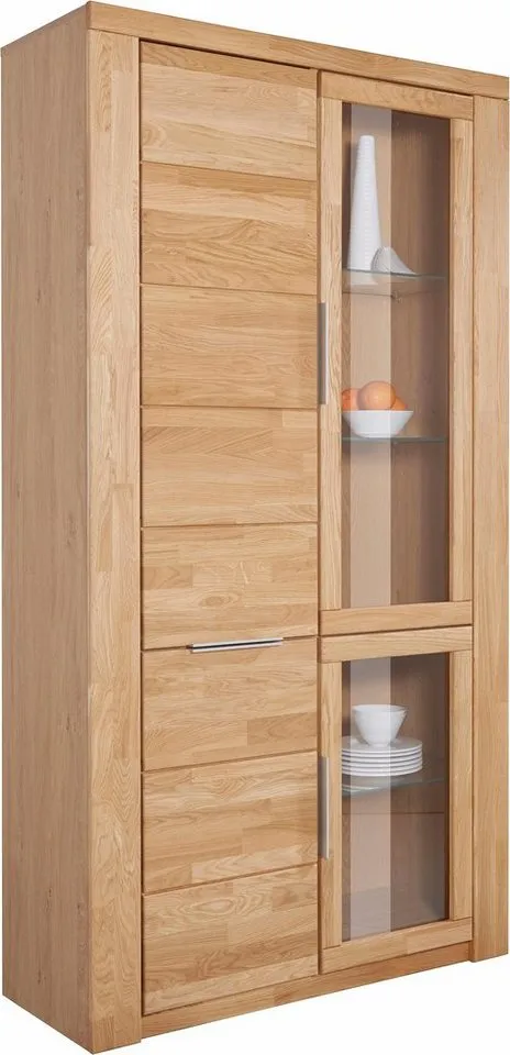 OTTO home Vitrine ZARA 2 Holztüren, 2 Glastüren, 10 Fächer, pflegeleicht, holz geölt B/T/H: 100/40/190cm, Massivholzfronten, Korpus aus Melamin, Braun, – Produktbild 2 von 4