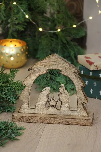 GLOBO Fair Trade GLOBO Fair Trade Krippe NEVIO, Mangoholz - Weihnachtsgeschichte, Teelicht, Deko – Produktbild 2 von 3