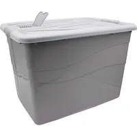 Aufbewahrungsbox "HAMBURG" mit Deckel und Rollen, pastellgrau, 80 l – Produktbild 1 von 1