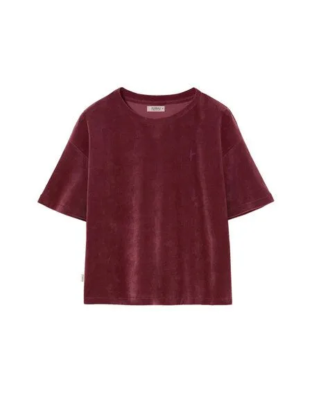FUXBAU FUXBAU Frauen Cropped Samt T-Shirt, Bordeaux, – Produktbild 3 von 4