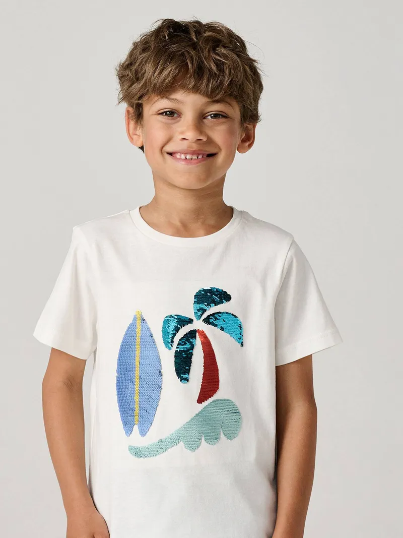 Vertbaudet Jungen T-Shirt mit Wende-Pailletten, Wollweiß, – Produktbild 1 von 3