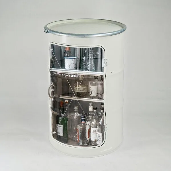 Lockengelöt Lockengelöt Hausbar Vitrine aus einem Hamburger Ölfass, Weissweiss, – Produktbild 2 von 4