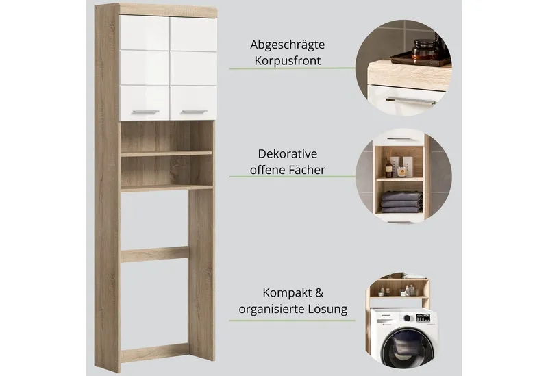 furnling Waschmaschinenumbauschrank Scott 2 offene Fächer, 2 Türen, platzsparend, Badmöbel, Badschrank, Umbau, Beige, – Produktbild 4 von 5