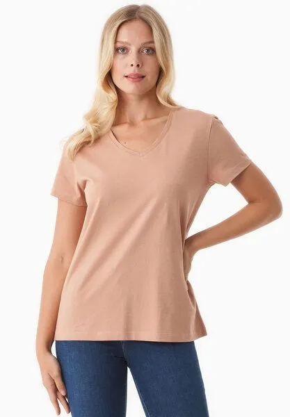 ORGANICATION ORGANICATION Damen Basic T-Shirt aus Bio-Baumwolle mit V-Ausschnitt, Tan, – Produktbild 1 von 4