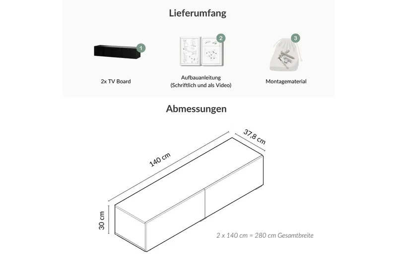 Planetmöbel TV-Schrank West TV-Board, Fernsehtisch 280 cm lang, TV-Lowboard (für Fernseher bis 65 Zoll, TV Schrank viel Stauraum, 2-St., sideboard hängend, Fernsehschrank 2x 140 x 30 x 37,5 cm) schwarz, Schwarz, – Produktbild 4 von 4