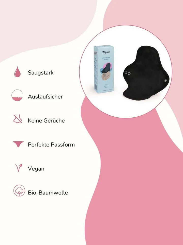 Taynie Taynie Binden Waschbare Binde mittel - wiederverwendbare Stoffbinde mittlere Blutung, Mittelstark, 1-St., Waschbare Binden / Wiederverwendbare Stoffbinden aus Bio-Baumwolle, Schwarz, – Produktbild 3 von 5