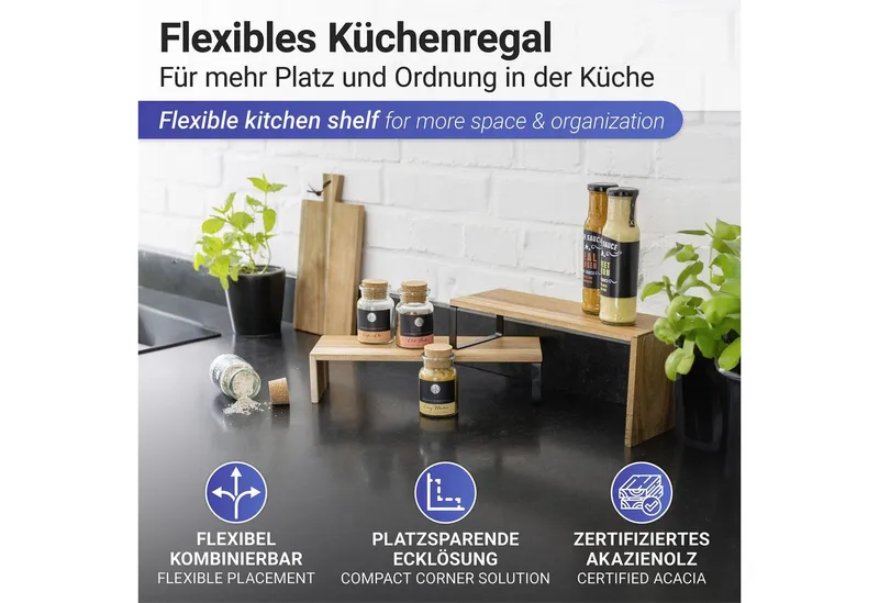 Wenko Wenko Küchenregal Modell Vali Akazie, 2-tlg., Regal aus Akazienholz für die Arbeitsfläche, flexibel kombinierbar, Braun|schwarz, – Produktbild 2 von 5