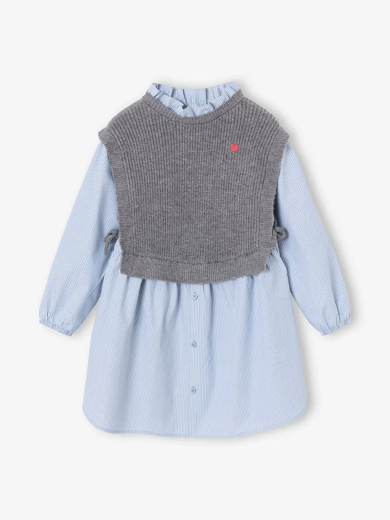 Vertbaudet Vertbaudet 2-in-1-Hemdblusenkleid mit Pullunder Mädchen personalisierbar, Grau meliert, – Produktbild 3 von 3