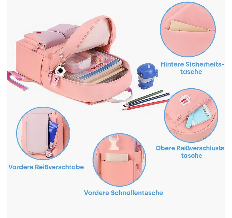 Diyarts Kinderrucksack, Trendiger Mädchenrucksack: Geräumig, Leicht und Robust, Rosa, – Produktbild 4 von 5