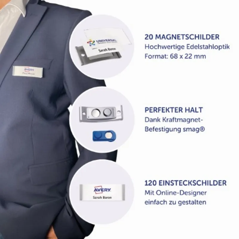 Avery Zweckform Avery Zweckform 20 Namensschilder 'Polar20' mit Magnet, silber, 68 x 22 mm – Produktbild 1 von 3