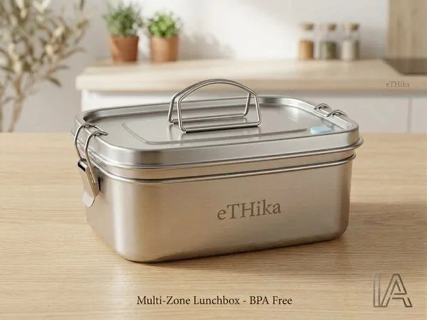 eTHikǝ eTHikǝ Premium Edelstahl Lunchbox 1500ml mit Klappgriff & Zwischenschale / Multi-Zone Stainless Steel Lunchbox 1500ml with Folding Handle & Tray – Produktbild 2 von 3