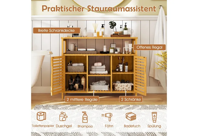 COSTWAY COSTWAY Badkommode, Badezimmerschrank Bambus mit Lamellentüren, 100x35x80cm, Beige, – Produktbild 3 von 5