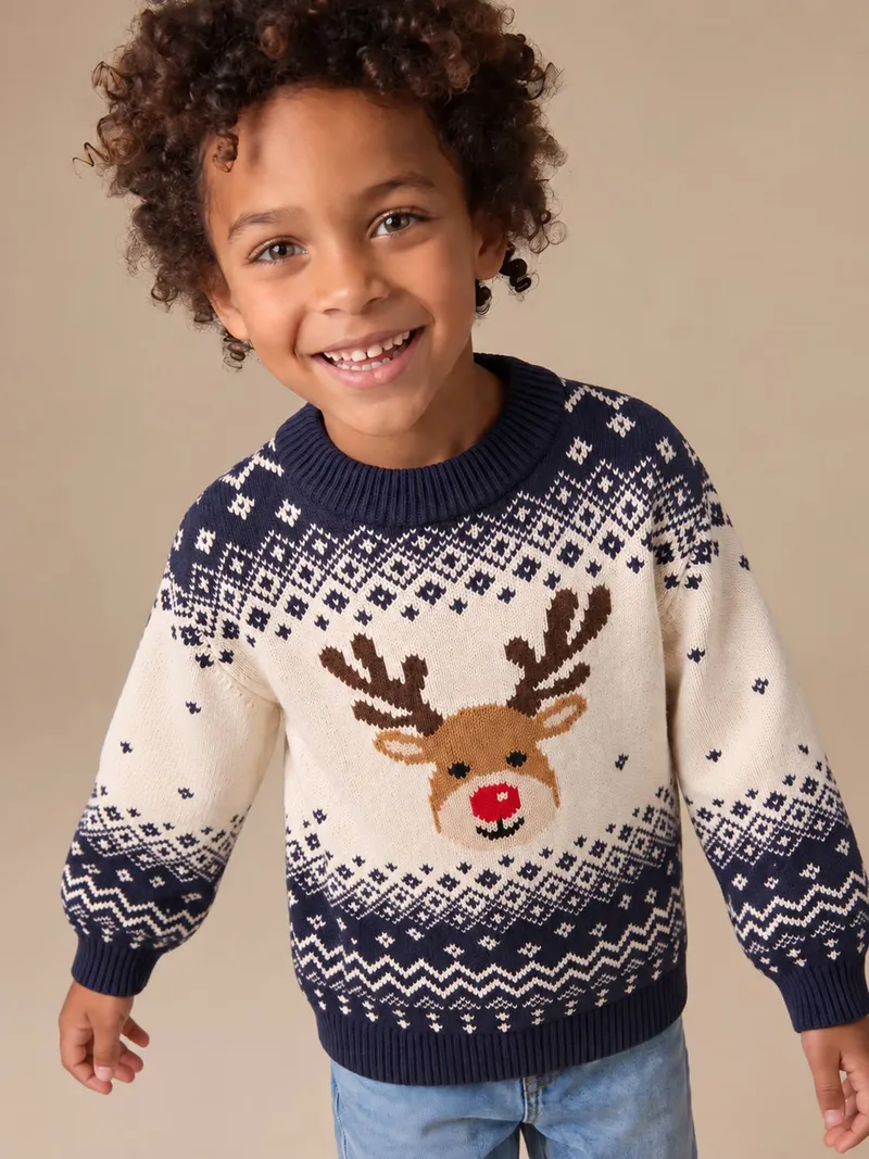 Vertbaudet Vertbaudet Kinder Pullover RENTIER Family Weihnachts-Capsule, Marine, – Produktbild 1 von 4